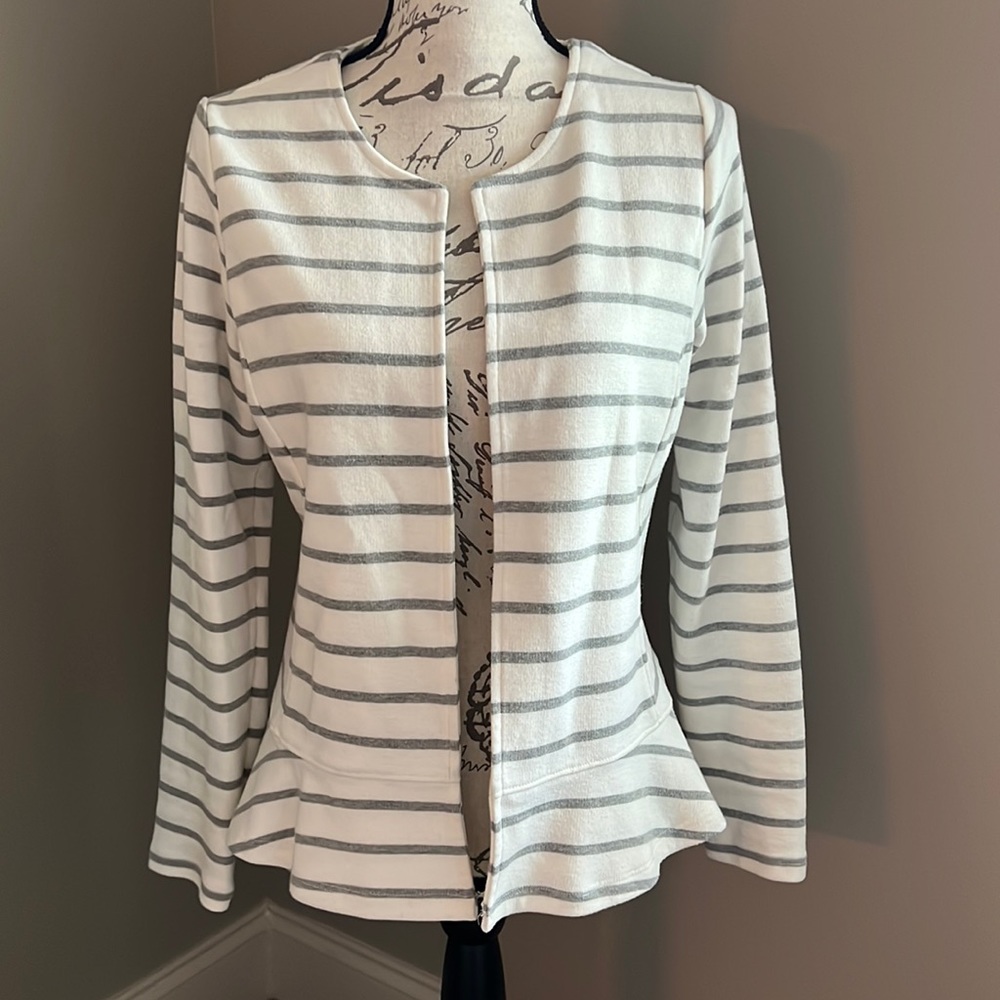 Gray striped Peplum Knit Ruffle Hem Jacket
